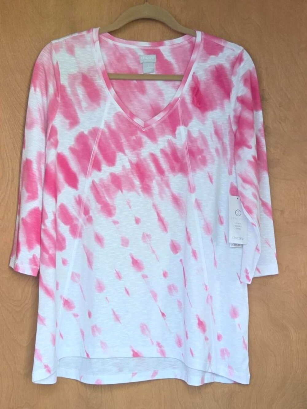 Chico’s Hot Pink and White Tie-Dye Pattern V-Neck ¾ Length Sleeve Top